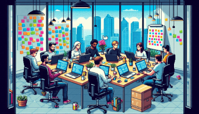 Developers focused on working on their laptops and a bunch of postits on the background