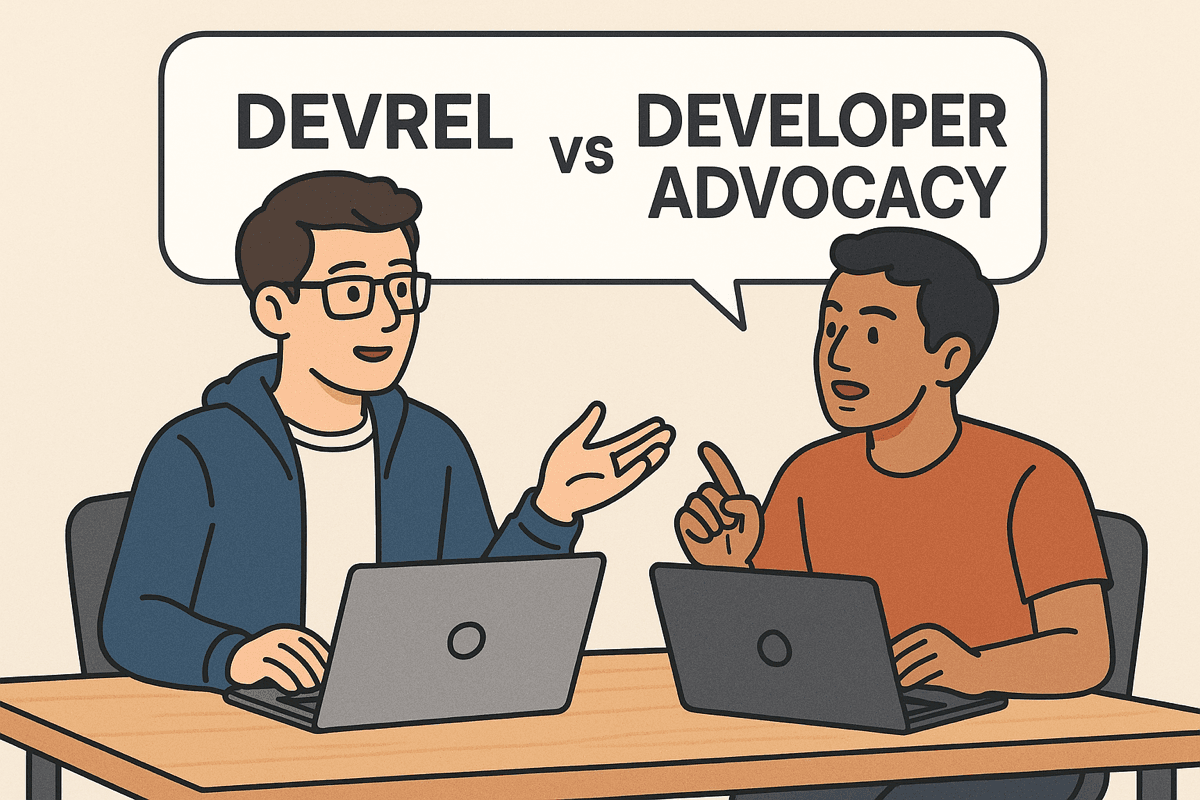 Two developers discussing the differences between DevRel and Developer Advocacy roles
